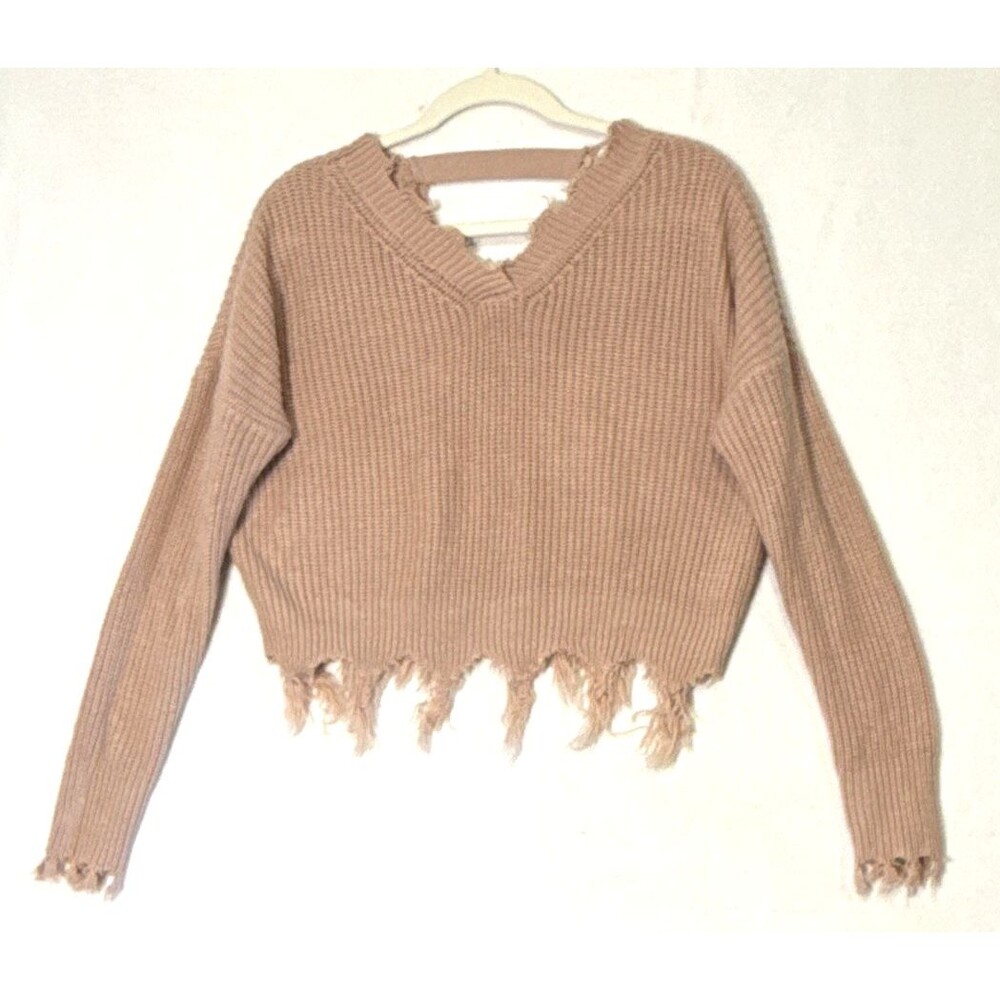 Full Circle Trends Sz M Pink Waffle Knit V-Neck Fringe Hem Cropped Sweater Fairy